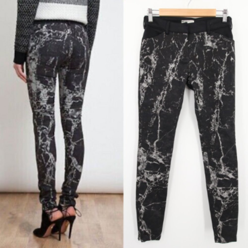 BALENCIAGA Pants Size 6 Black White Marble Printed Skinny Jeans Zipper Detail